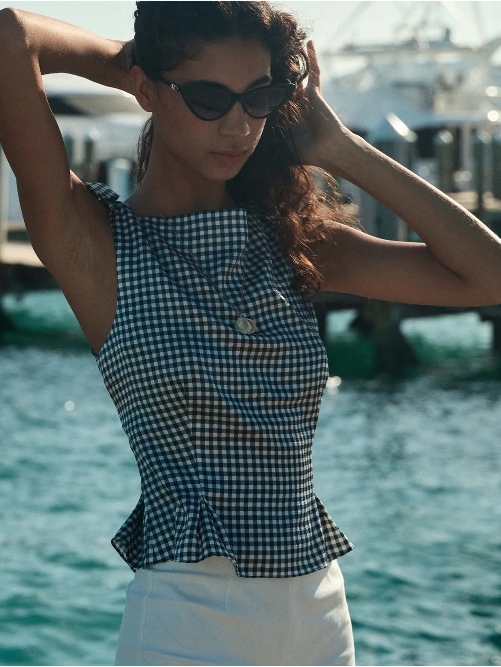 DÔEN Liriel Silk Top in Navy Valencia Gingham - Size S